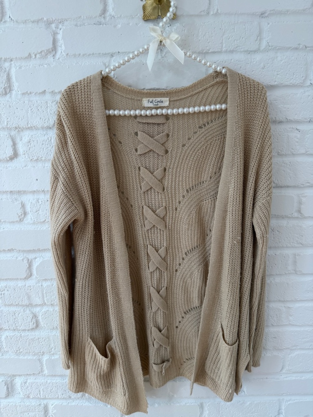 Full Circle Neutral Knit Open-Front Cardigan in Beige